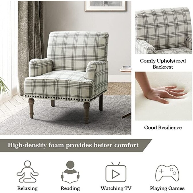 Geltrude Farmhouse Vintage Plaid Accent Armchair with Nailhead Trim by HULALA HOME