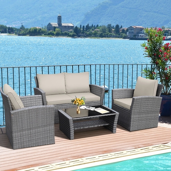 Gymax 4PCS Patio Rattan Conversation Set Outdoor Furniture Set w/