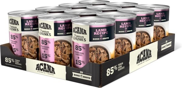 ACANA Premium Chunks Lamb Recipe in Bone Broth Grain-Free Wet Dog Food， 12.8-oz can， case of 12