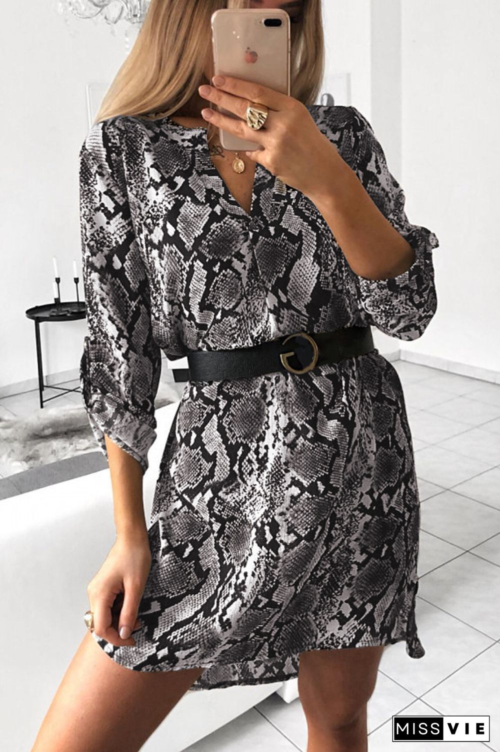 V-Neck Print Shirt Dress(Without Belt)