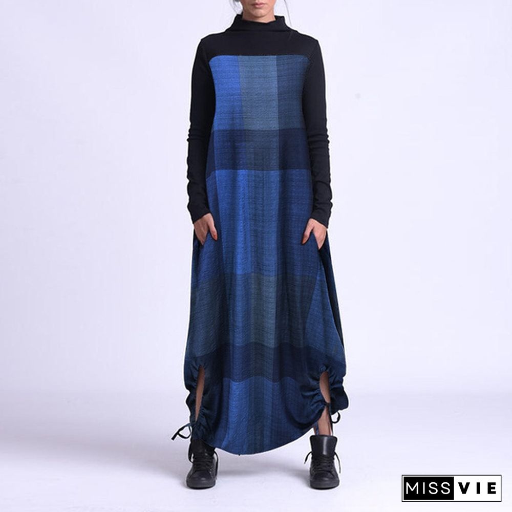 Casual Women Winter Fashion Jumper Dress Plus Size Long Sleeve Mock Neck Irregular Hem Baggy Plaid Dress Pullover Sweatshirts