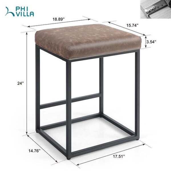 PHI VILLA 24'' Square PU Leather Bar Stool with Sturdy Metal Frame， Set of 2