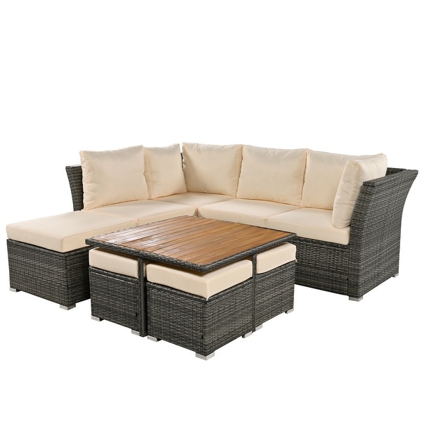 UStyle 9Piece Outdoor Conversation Set with Solid Wood Coffee Table，Ottomans，and Cushions