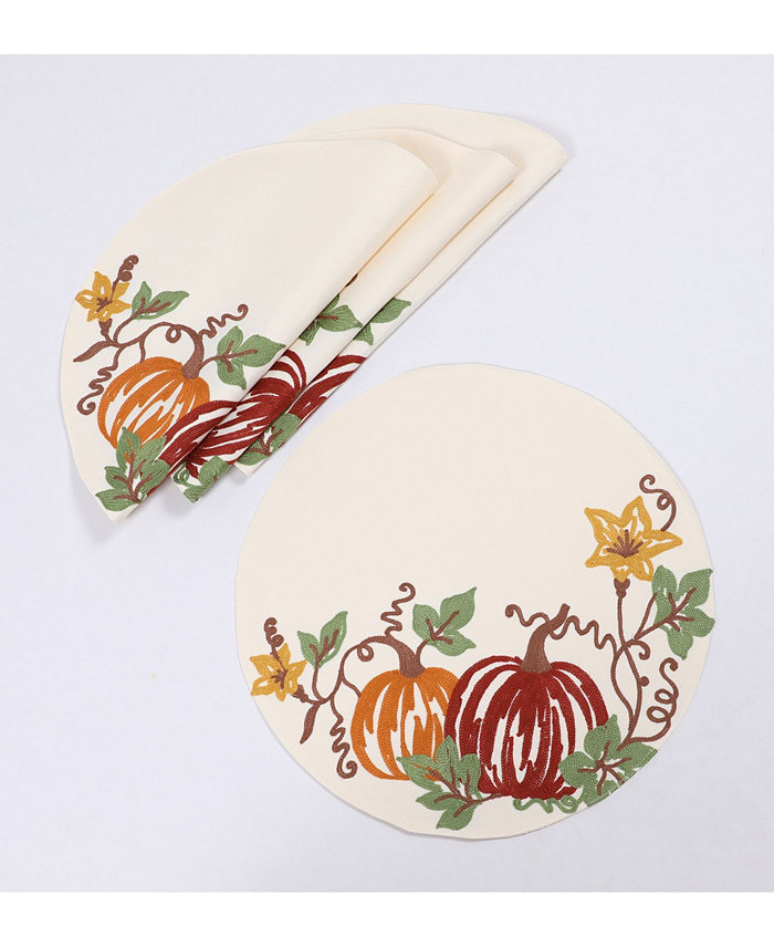 Manor Luxe Happy Fall Pumpkins Crewel Embroidered Placemats Set of 4