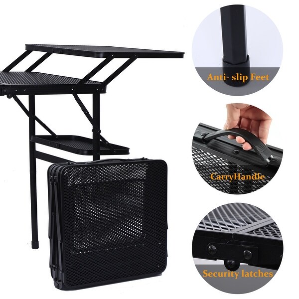 Folding Camping Grill Table with 4 Side Tables，Mesh Storage Net，Lightweight and Portable for BBQ，Outdoor Cooking，and Camping