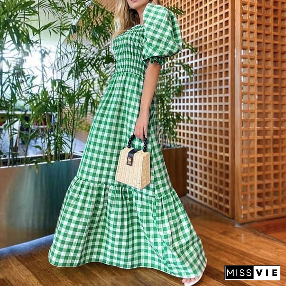 Plus Size Women Puff Square Neck Full-length Checked Plaid Dress Summer Holiday Maxi Dress Party Dress Vestidos