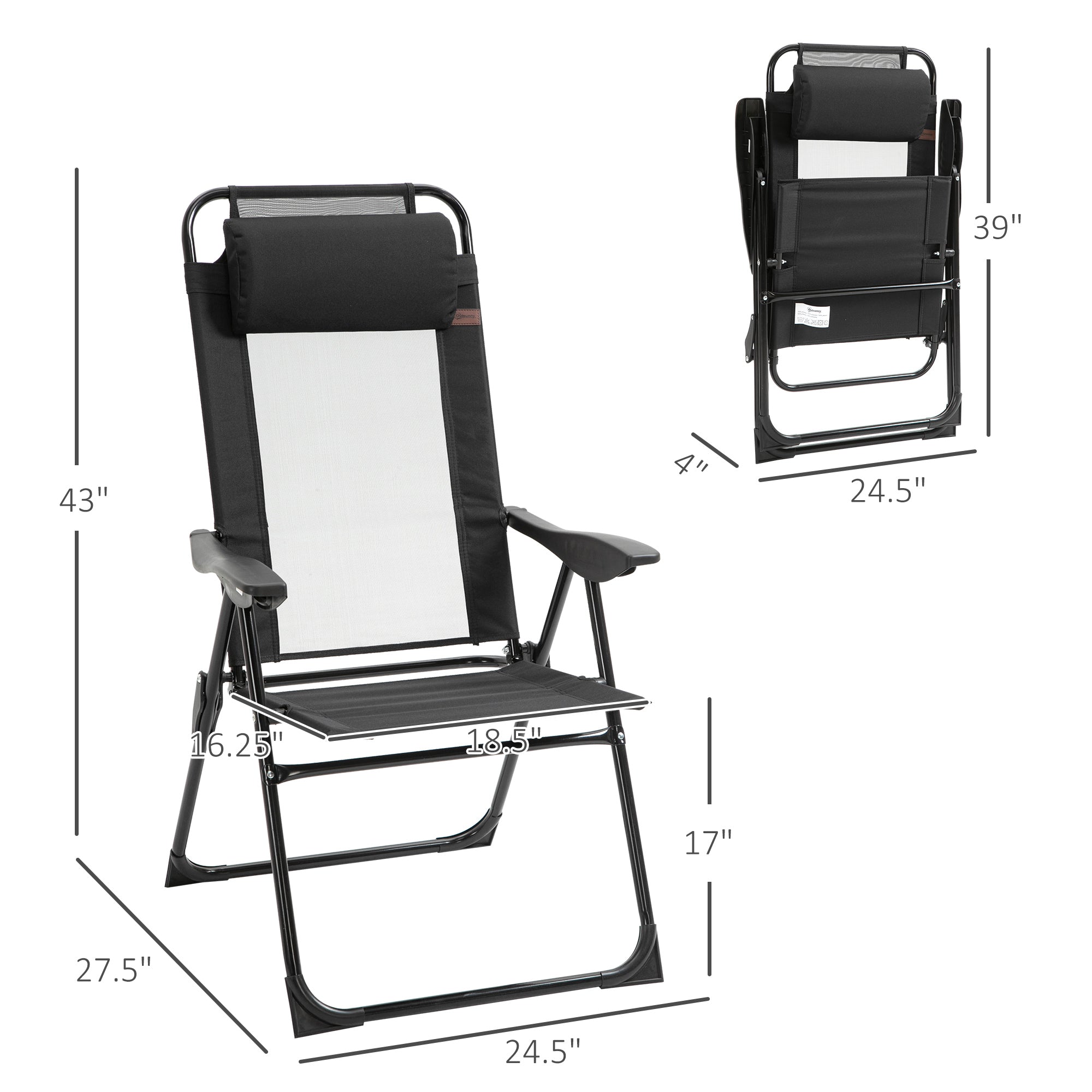 Outsunny Set of 2 Portable Folding Recliner Outdoor Patio Chaise Lounge Chair with Adjustable Backrest, Black,Steel