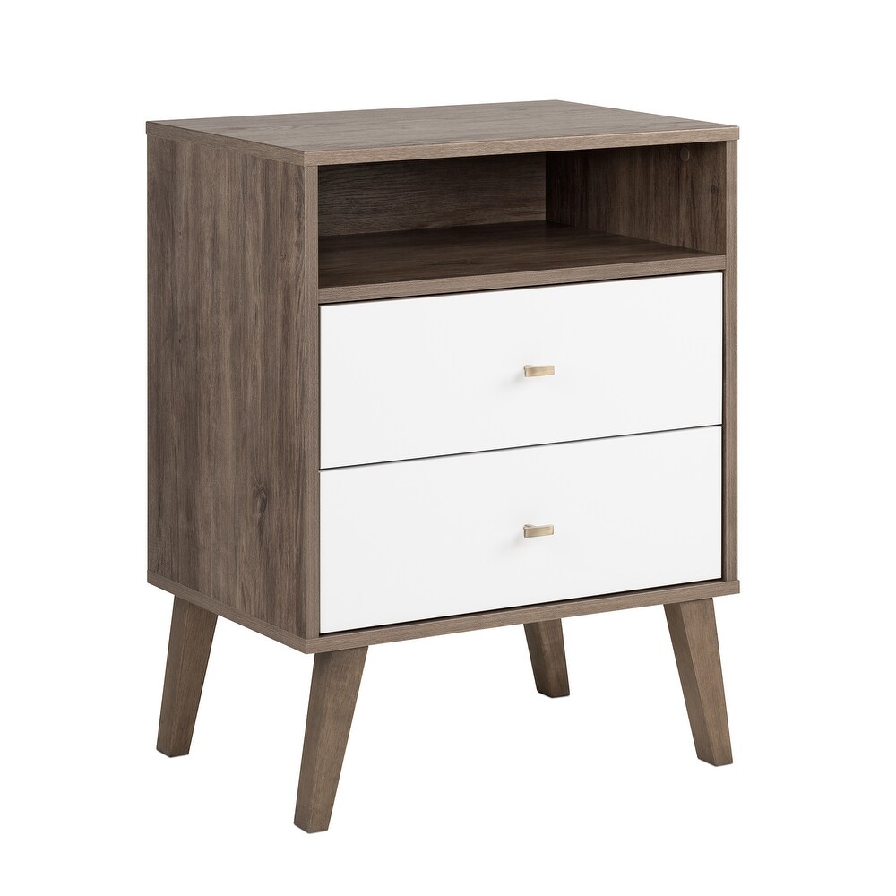 Prepac Milo Mid Century Modern 2 Drawer Nightstand with Open Shelf  Bedside Table  Contemporary Bedroom Furniture