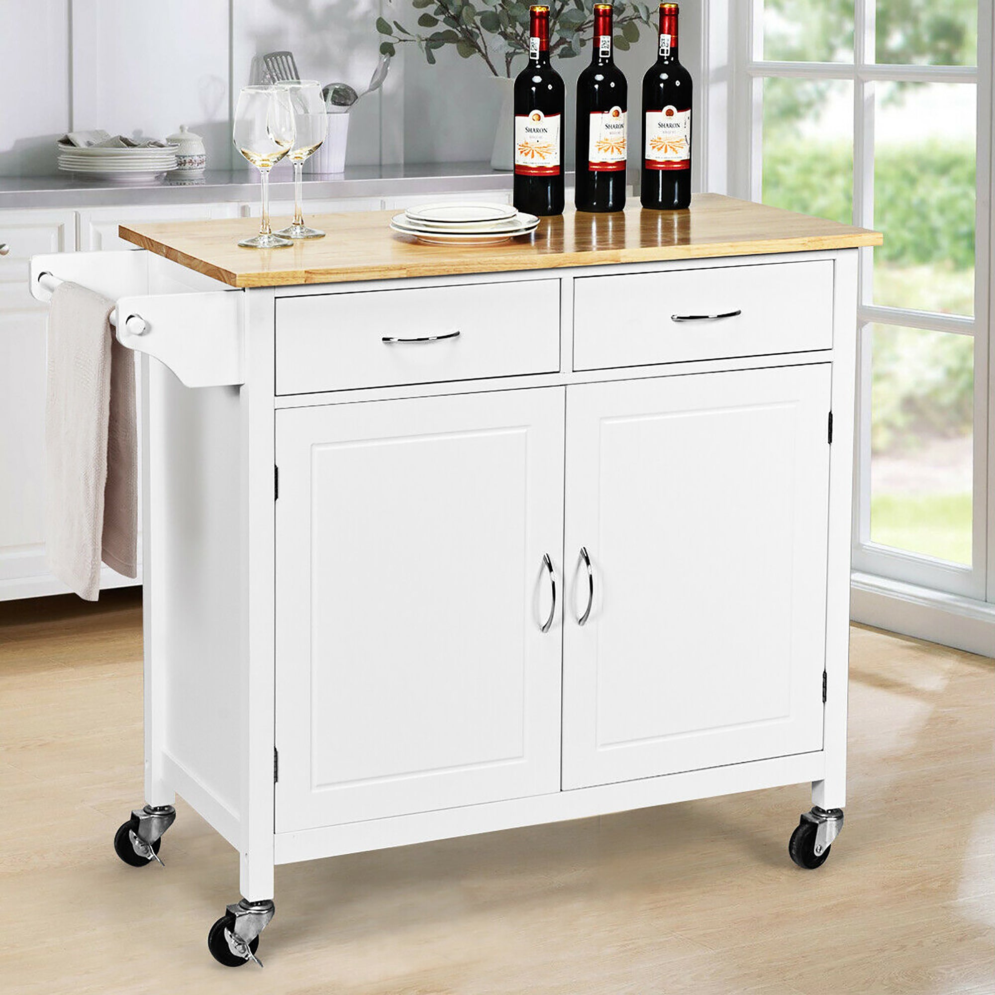 Costway Rolling Kitchen Cart Island Wood Top Storage Trolley Cabinet Utility Modern