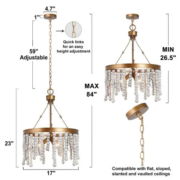 Mid-century Modern 3-light Wood Beads Chandelier Distressed Gold Dimmable Lights - D17