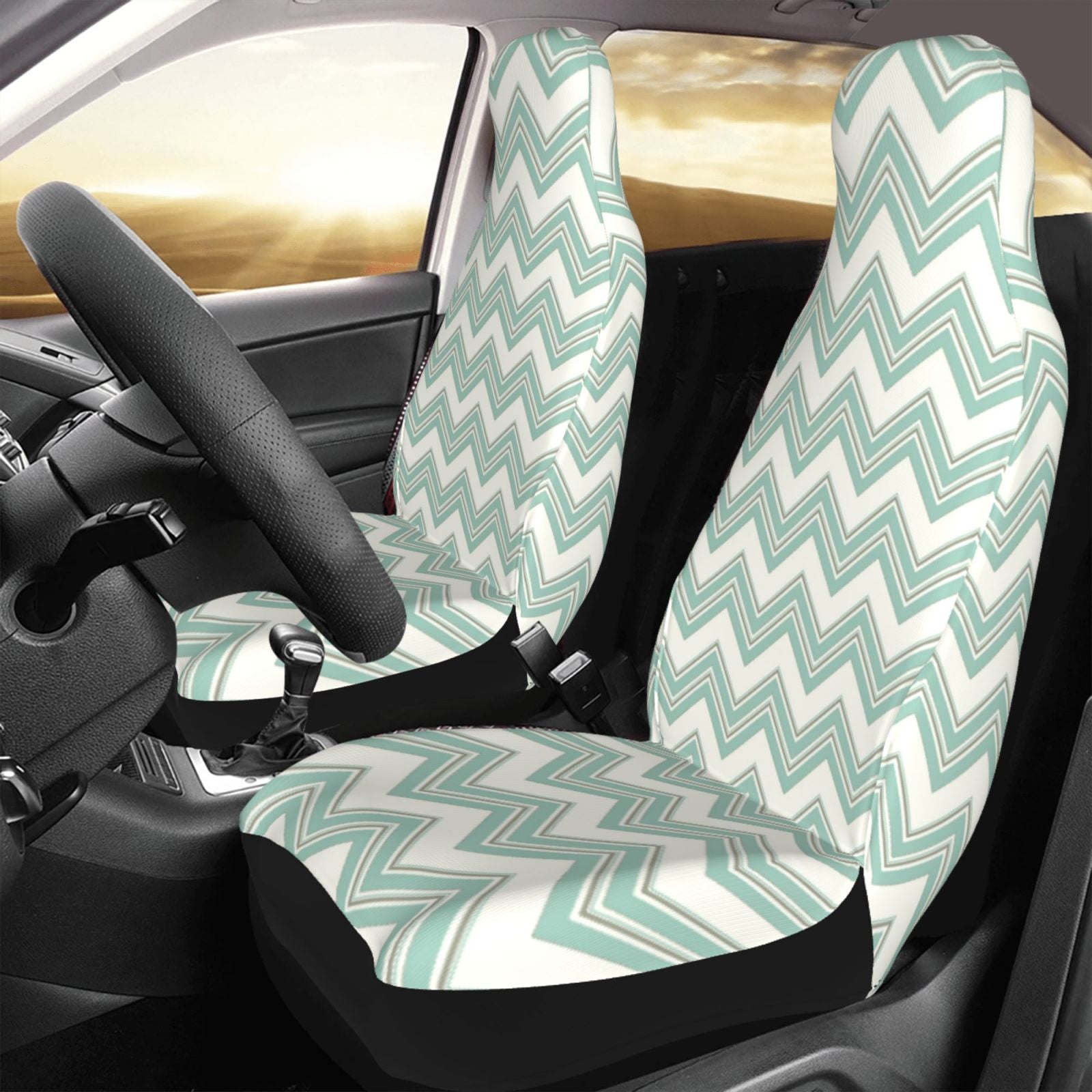 TEQUAN Front Seat Covers， Green Triangular Stripe Pattern 2 Piece Car Seat Cover Fit Most Car SUV Truck Van