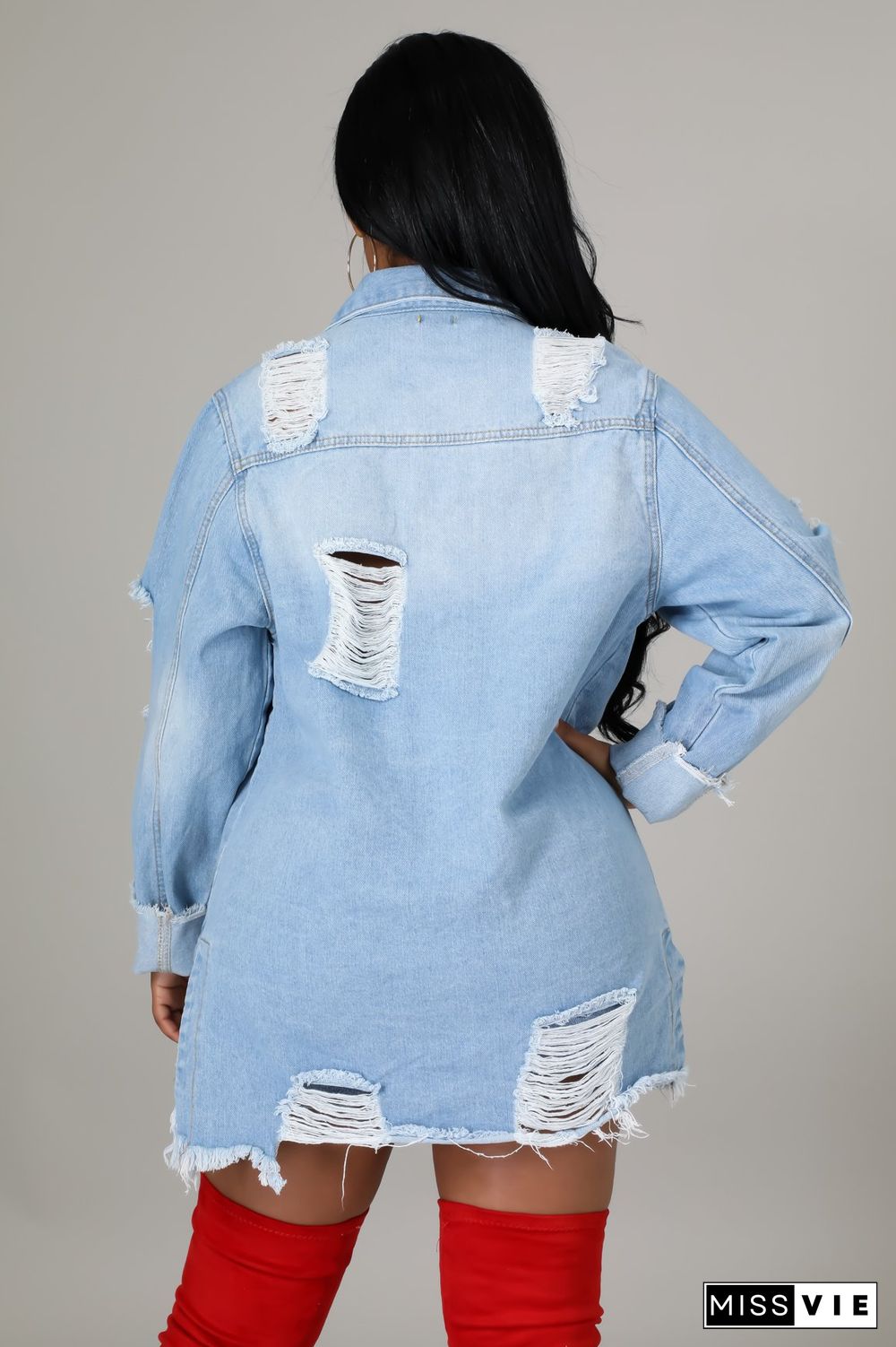 Ripped Fringed Single-breasted Denim Jacket