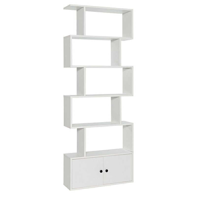 6-Tier S-Shaped Freestanding Bookshelf with Cabinet and Doors