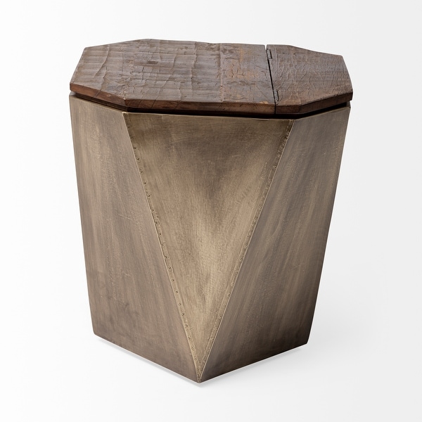 Esagono II Brass and Natural Wood Hinged-Top Hexagonal End/Side Table - 19.3L x 19.3W x 20.9H