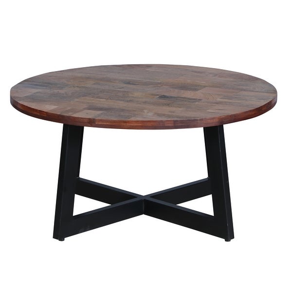 31 Inch Round Mango Wood Farmhouse Coffee Table for iving Room， Home， Office， X Shape Iron Frame， Brown， Black