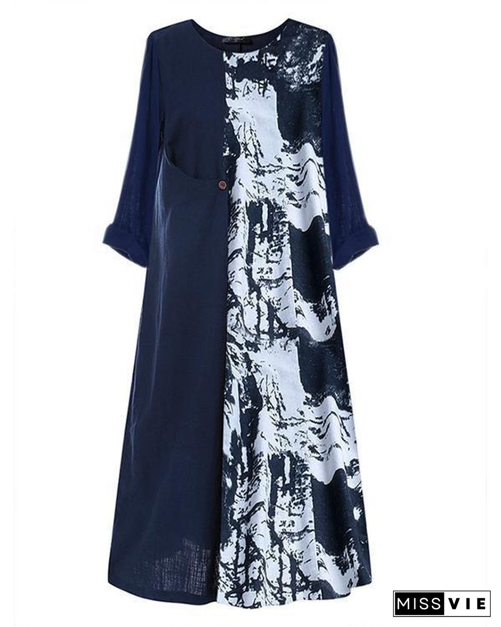 Vintage Crew  Neck Summer Long Sleeve Printed Long Sleeve  Maxi Dresses