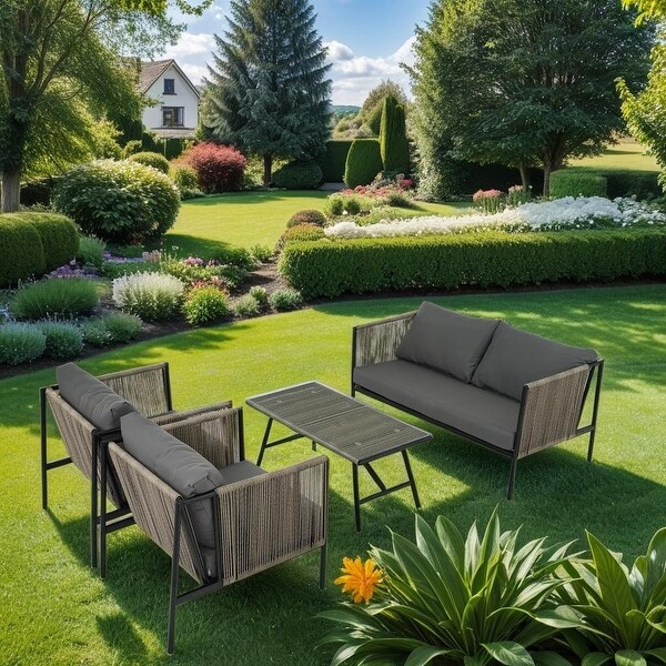 4Piece Rope Sofa Conversation Sets with Thick Cushions and Toughened Glass Table，AllWeather Patio Furniture Set for 4 Person