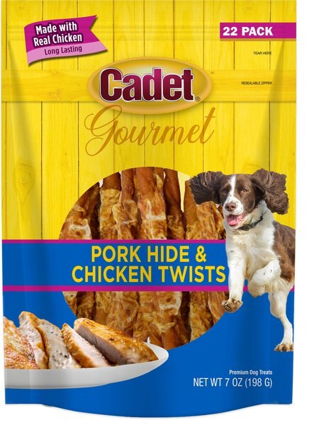 Cadet Gourmet Pork Hide and Chicken Twist Sticks Dog Treats， 5-in， 22 count