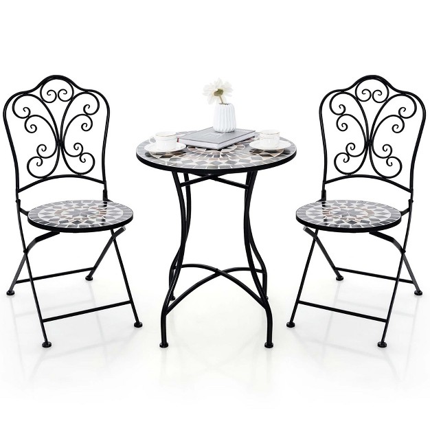 Costway 3pcs Patio Bistro Set Mosaic Pattern Heavy duty Metal Dining Folding Outdoor