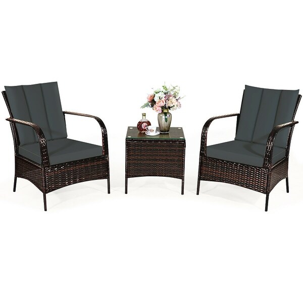 Costway 3 PCS Patio Wicker Rattan Furniture Set Coffee Table and 2