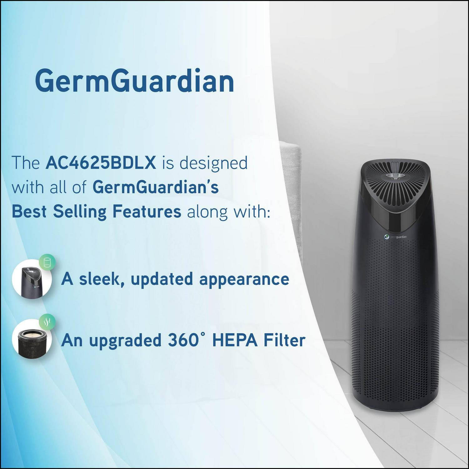 GermGuardian Air Purifier 4-in-1 with HEPA Filter and UVC Sanitizer， 22-inch Tower， Black， AC4625BDLX