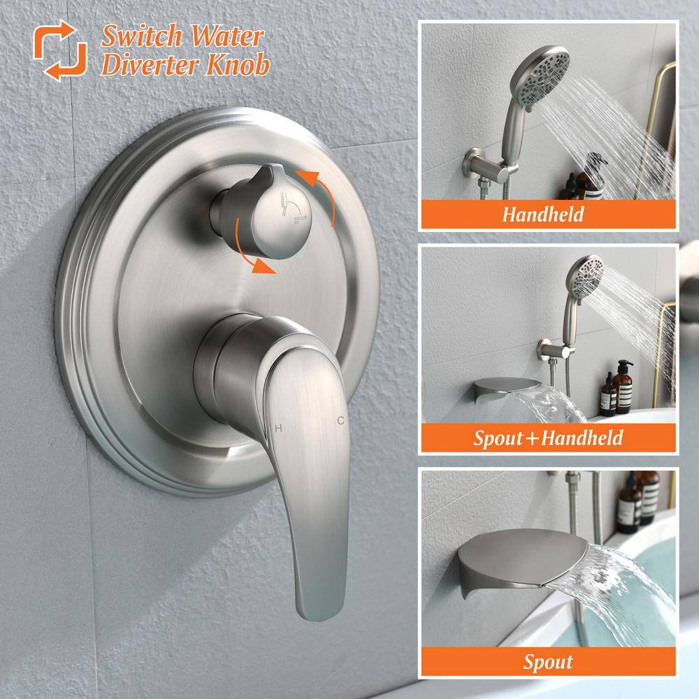 Aurora Decor Pomelo Single-Handle Wall Mount Roman Tub Faucet with 7-Spray Round Hand Shower in Brushed Nickel (Valve Included) AD-88026BN