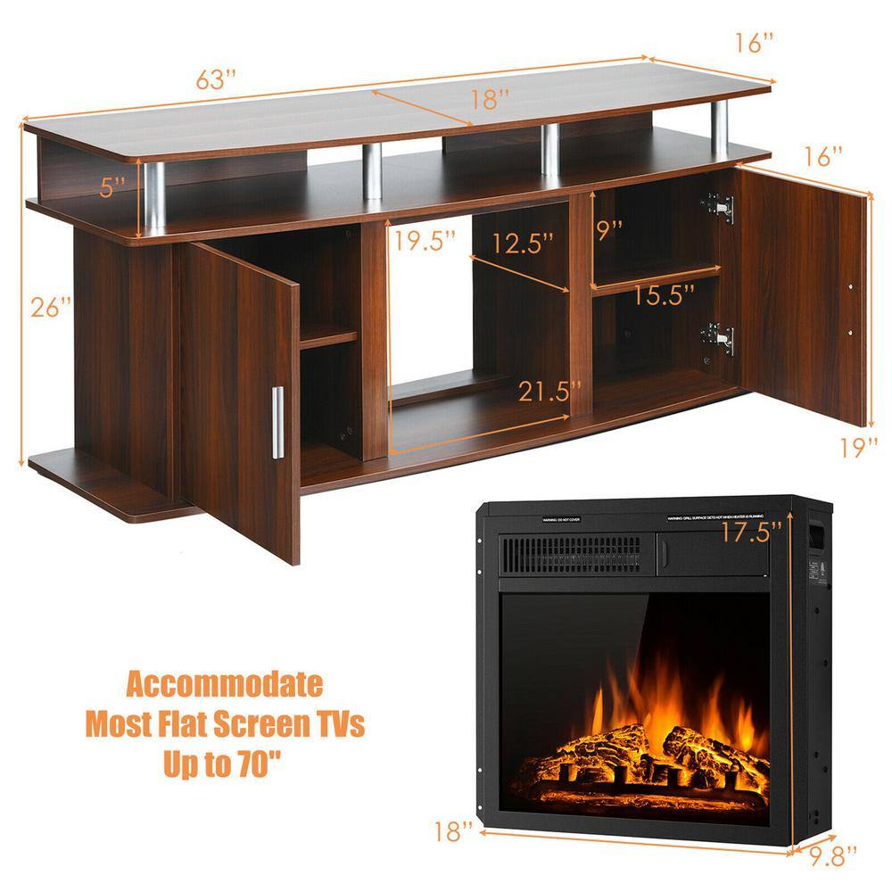 Gymax 63 in. Fireplace TV Stand with 18 in. 1500-Watt Electric Fireplace up to 70 in. Walnut GYM06623