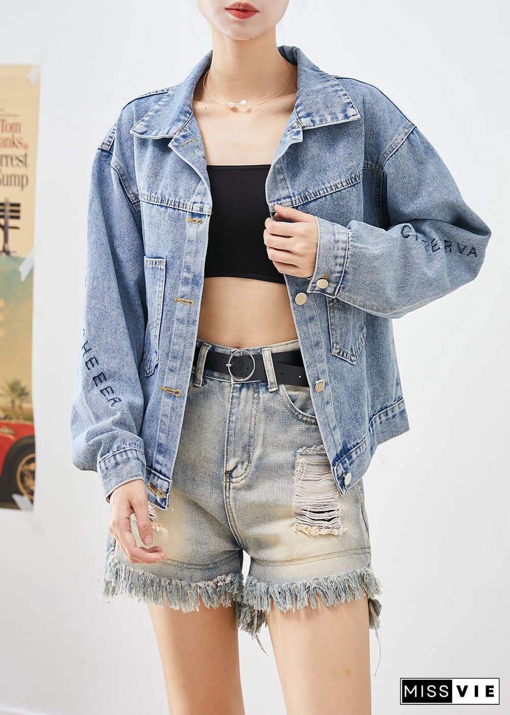 Handmade Blue Letter Embroideried Denim Coat Outwear Fall