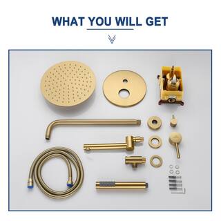 CASAINC 1-Spray Patterns Round 10 in. Wall Mount Dual Shower Heads with Handheld and Tub Faucet in Brushed Gold M6202-A-10-BG