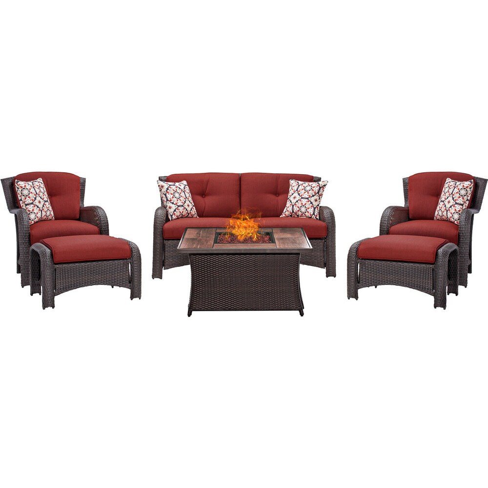 Hanover Outdoor Strathmere 6 Piece Lounge Set In Crimson Red with Fire Pit Table