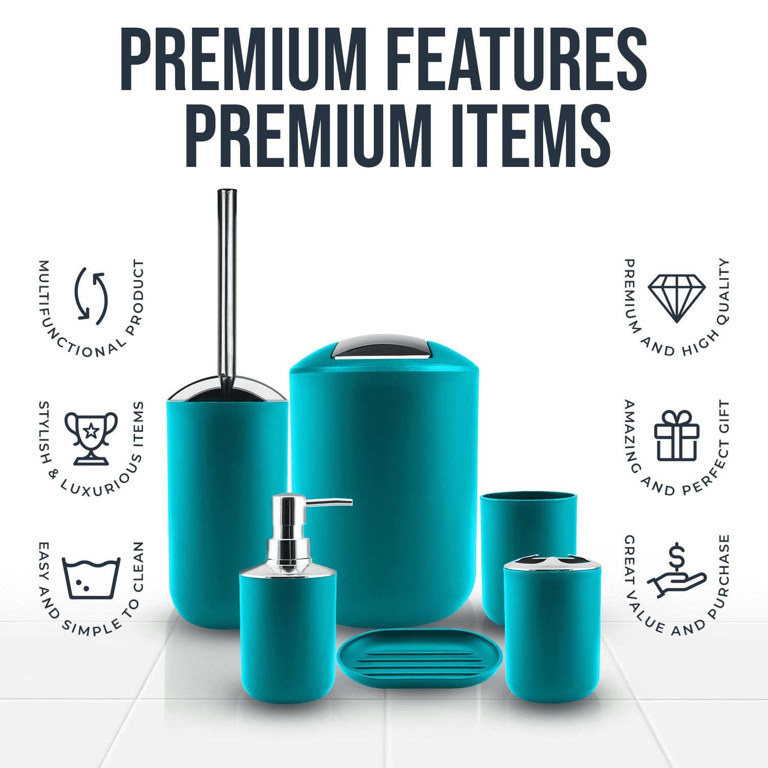 Clara Clark 12 Piece Bathroom Accessory Gift Set， Trash Can， Toothbrush Cup Soap Dish， Tumbler Toilet Brush with Holder， Bathroom Curtains Shower Set， Bath Rug Set Included， Teal Blue