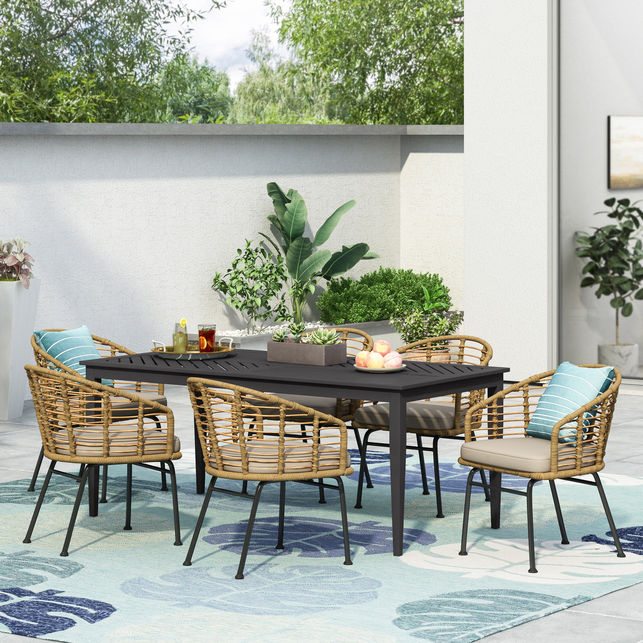 Monture Outdoor Wicker 7 Piece Dining Set, Light Brown, Black, and Beige