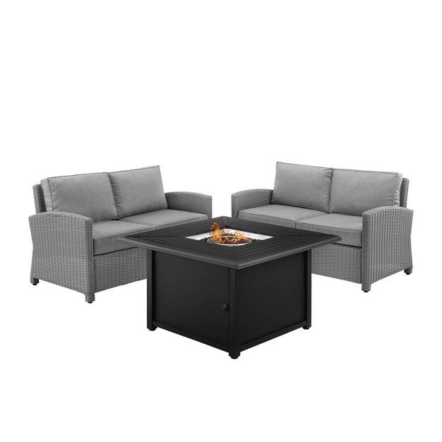 Bradenton 3pc Wicker Loveseat Set With Fire Table Gray Crosley