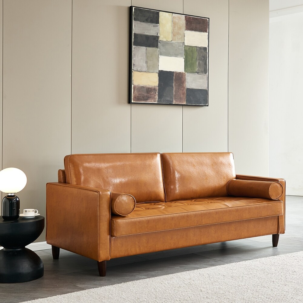 Mid Century Sofa with Hidden Storage Space and Removable Cushion  Faux Leather Sofa with Wood Frame for Living Room