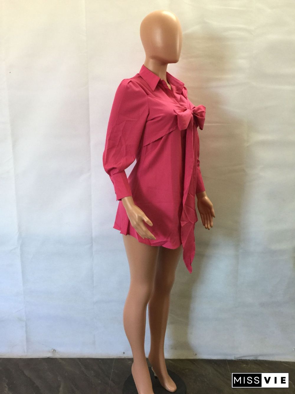 Solid Color Bowknot Decor Long Sleeve Shirt Dress