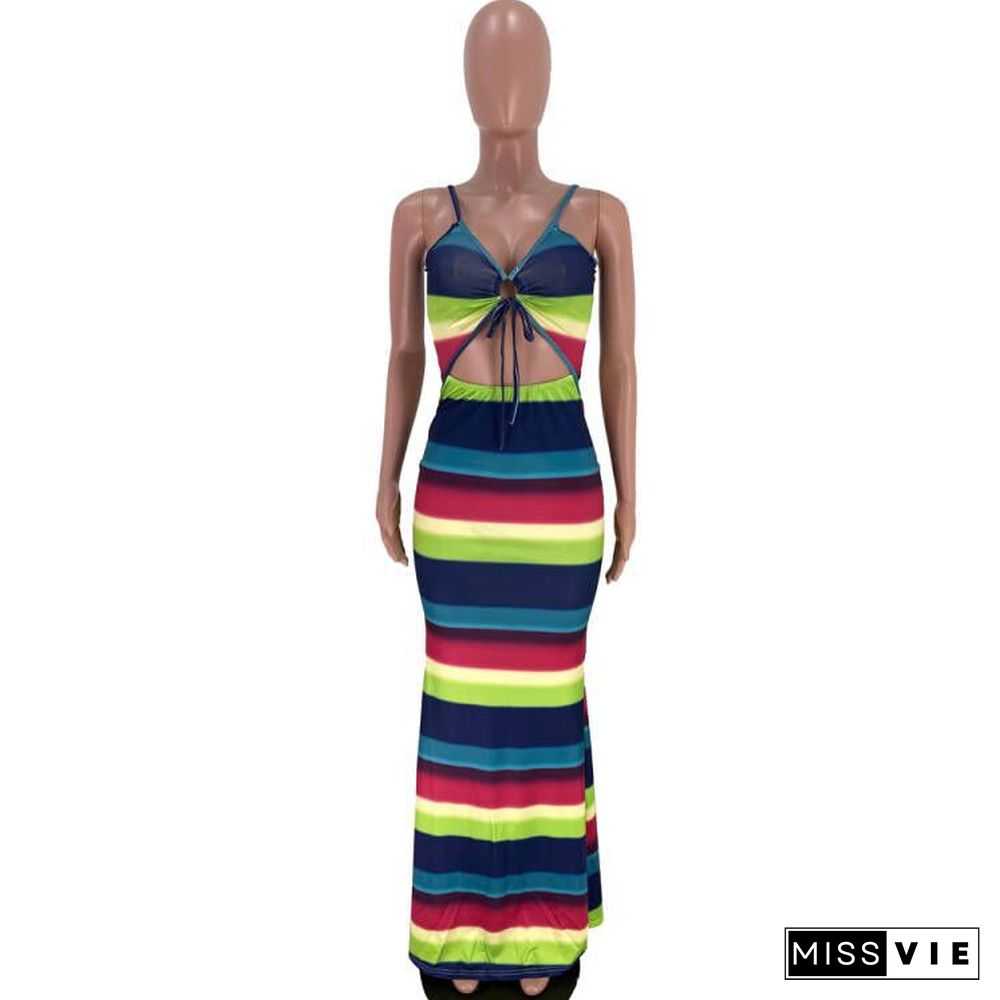 Fashion Beach Style Women's Clothing Deep V Stripes Gradient Print Sleeveless Hollow Out Maxi Dress