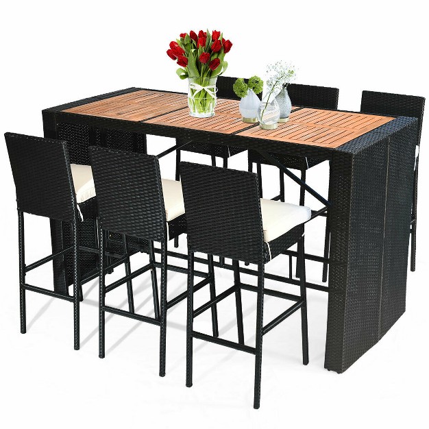 Costway 7 Pcs Patio Rattan Wicker Bar Dining Furniture Set Wood Table Top 6 Stools