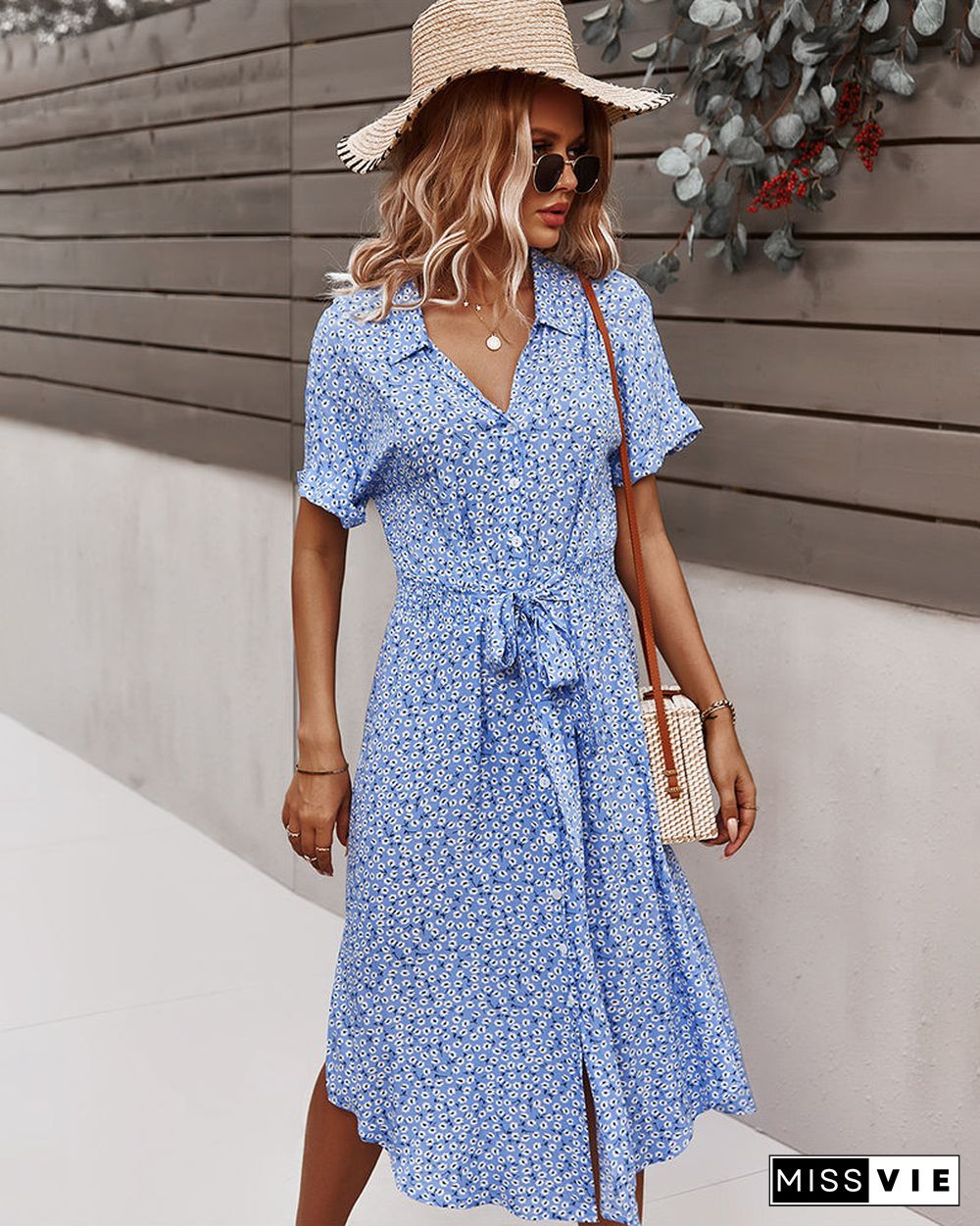 Short Sleeve Tie Waist V Neck Collar Midi Dress