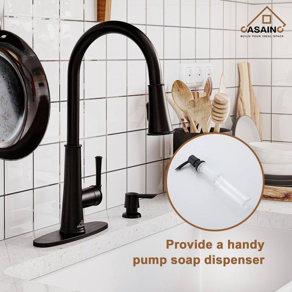 CASAINC Single-Handle Pull Down Sprayer Kitchen Faucet with Touchless Sensor LED Soap Dispenser and Deckplate in Matte Black CA-W3085-MB