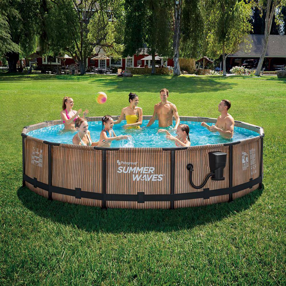 Summer Waves Natural Teak Elite 14 ft. x 36 in. Round Frame Above Ground Swimming Pool P4E01436E