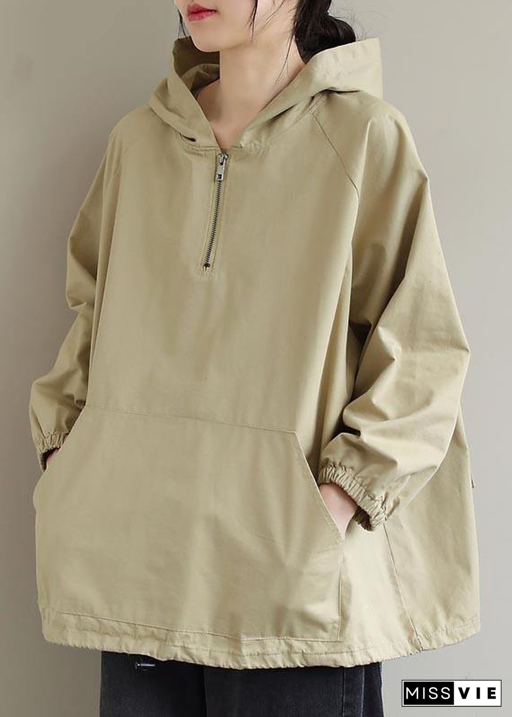 Chic Hooded Zip Up Spring Clothes For Women Work Outfits Khaki Blouses