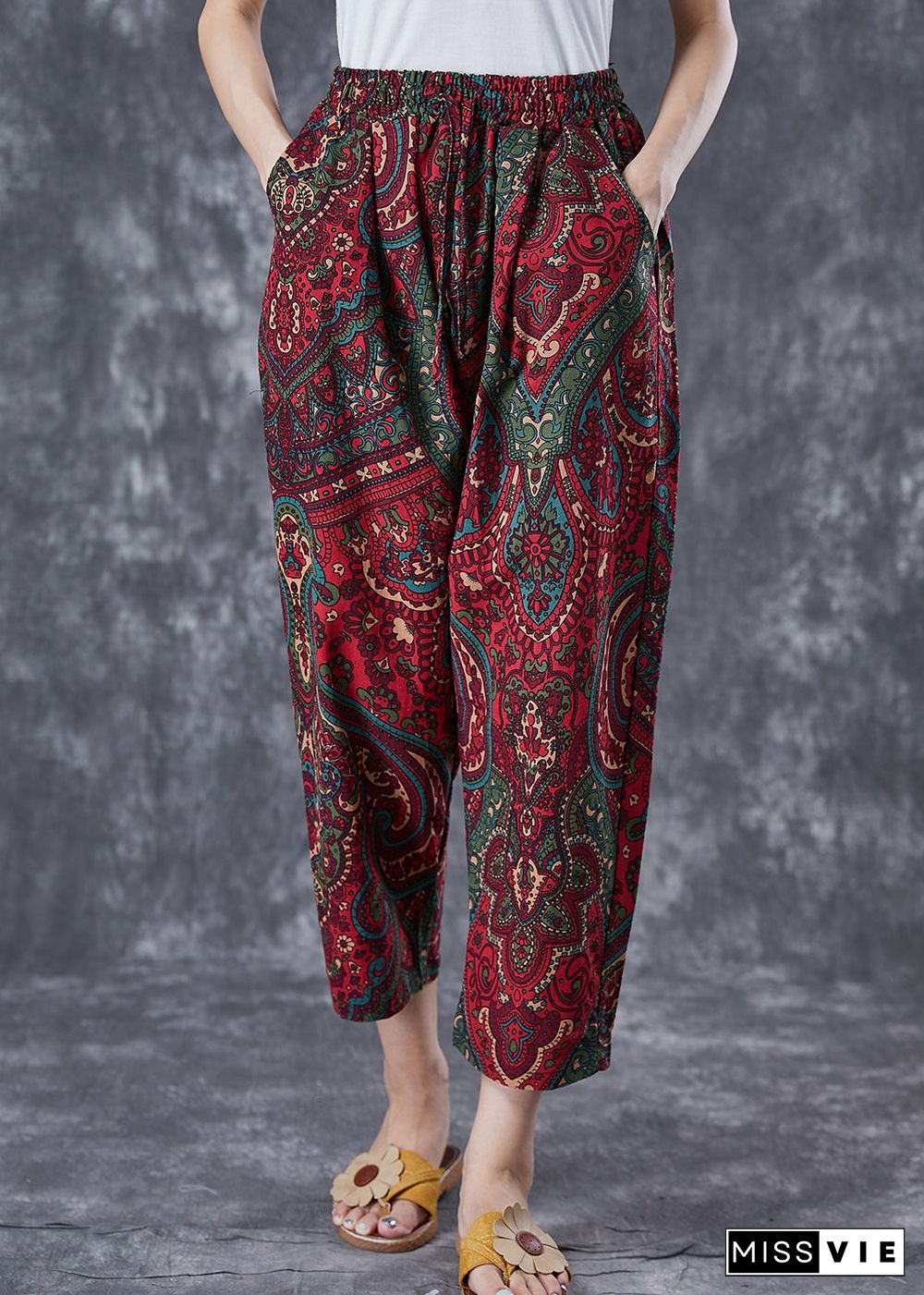 Casual Red Oversized Pockets Print Linen Pants Trousers Summer