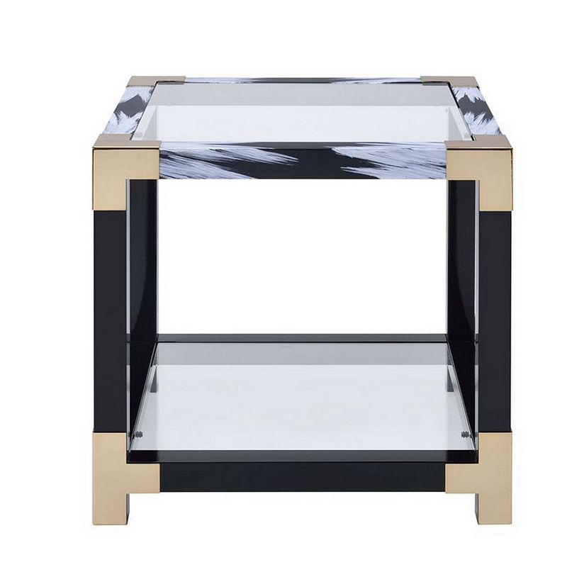 Modern Style Square Metal and Glass End Table With Bottom Shelf， Black and Gold