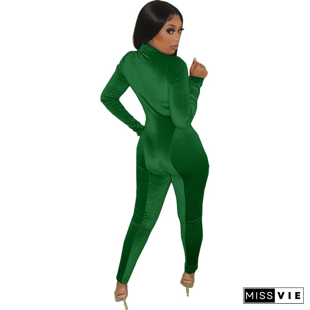 Velvet Patchwork Front Zipper Bodycon Jumpsuit