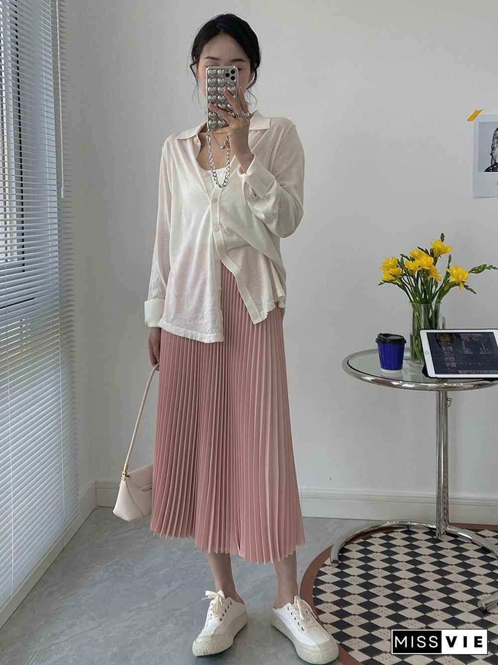 Vintage Solid Elastic Waist Pleated Skirt For Women Summer Skirt New Casual Folds Draped High Waist Slim A-line Long Skirt