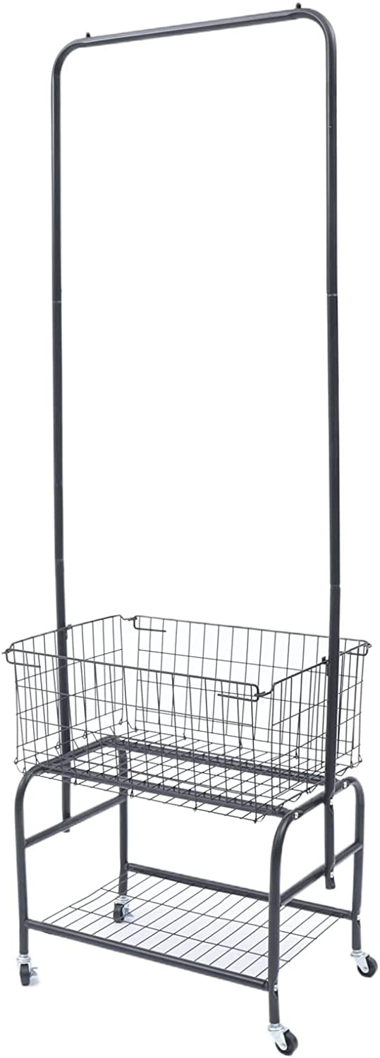 Aohuada Free-Standing Rolling Garment Rack with Metal Storage Basket and Shelf， Rolling Storage Cart Clothes Hanging Organizer Coat Rack for Bedroom Laundry Entryway 22 x 14.2 x 66.9in