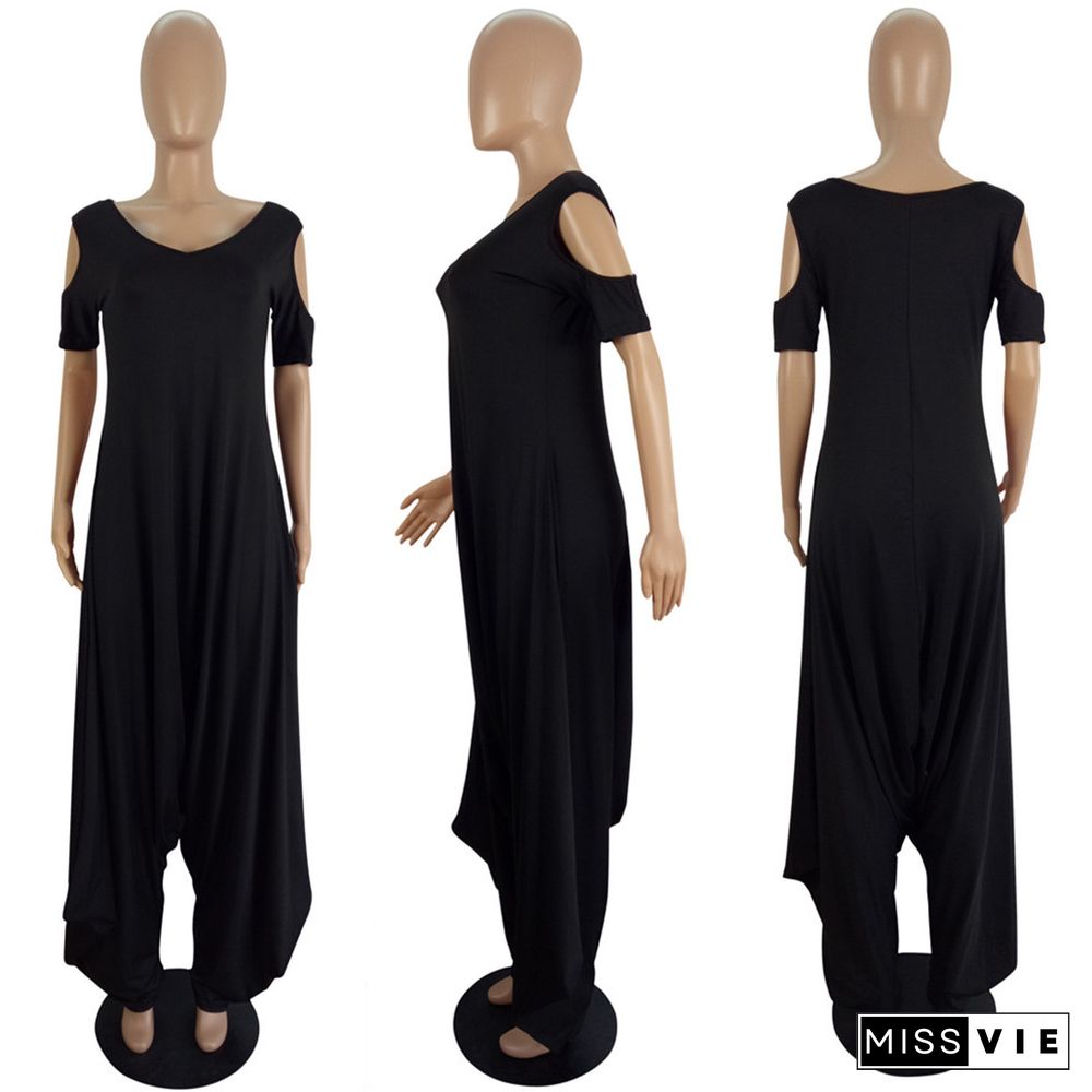 Solid Color Short Sleeve Loose Casual Harem Jumpsuit