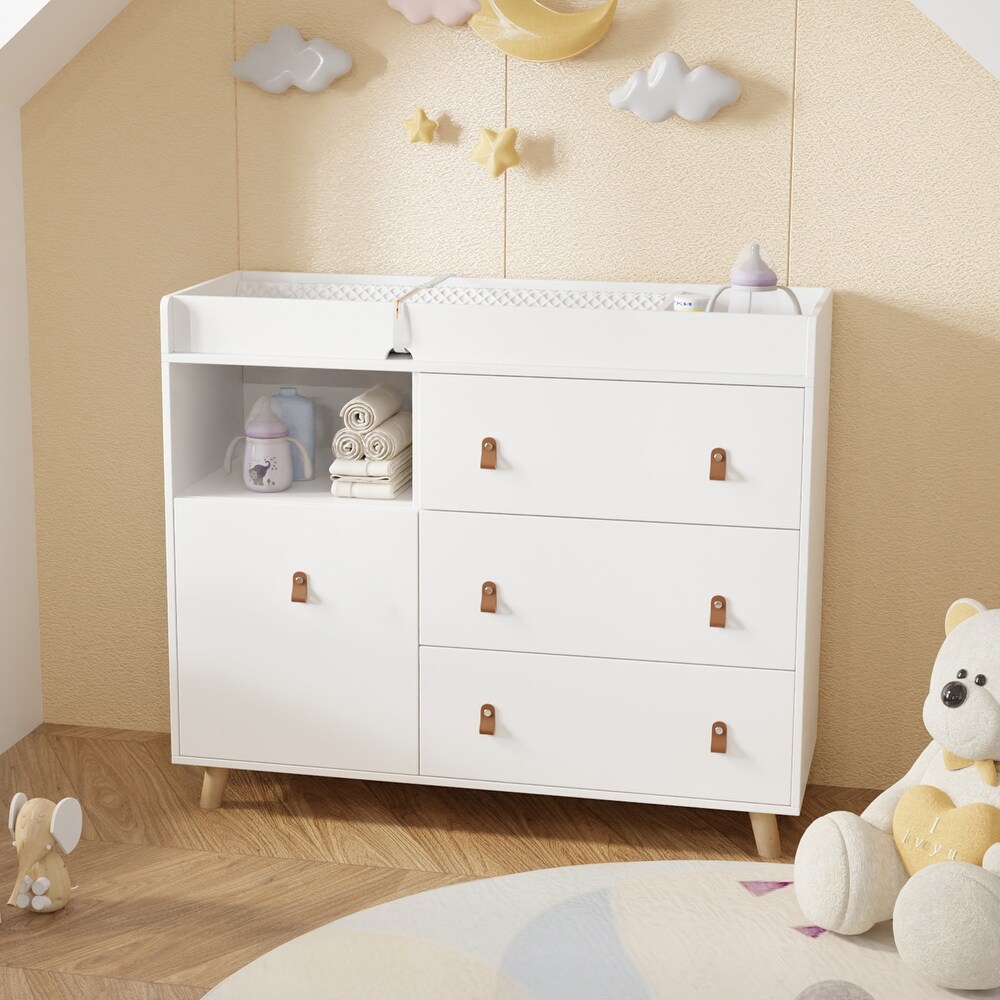 Baby Changing Table Dresser with 4 Drawers Shelf Hidden Trash Storage