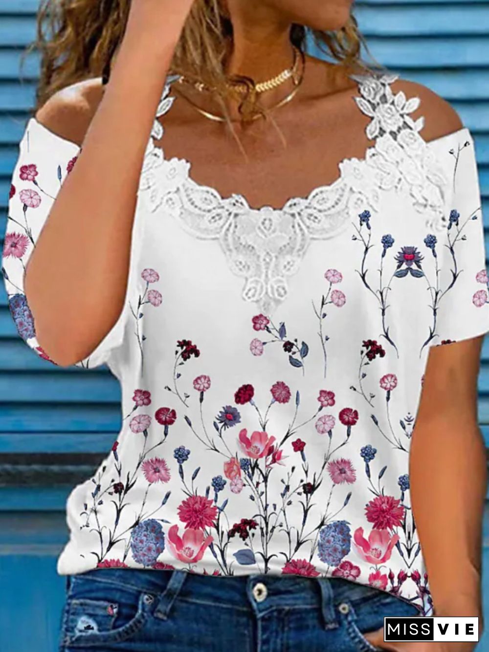 Casual Floral Short Sleeve V Neck Plus Size Printed Tops T-shirts