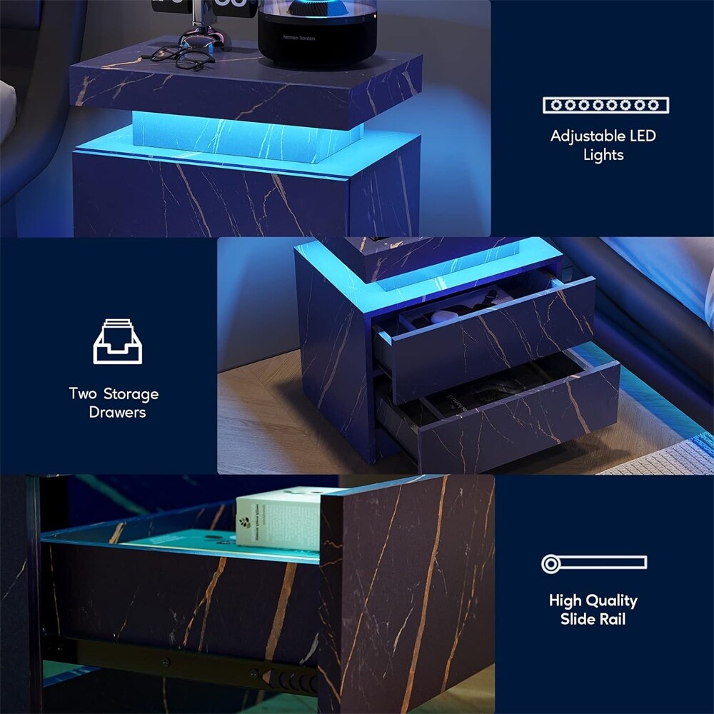 Modern Wood LED Nightstand with 2 Drawers